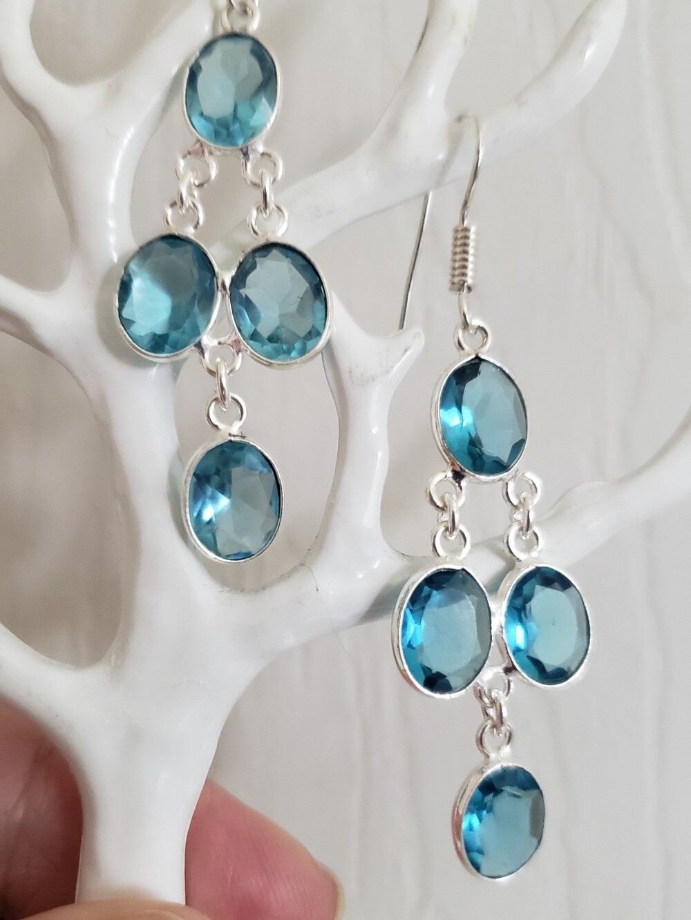 NEW Blue Topaz Silver Dangle Earrings Gorgeous Stones, French Wires, Indian. Wow